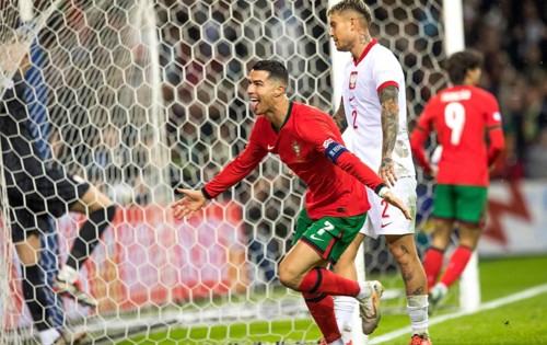 Football match, it is minute 87 Cristiano RONALDO CR7 Portugal with his tongue outstretched in the