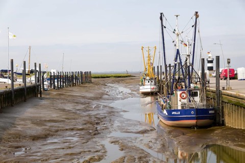 Shrimp trawlers moored in the sieve harbour on the Wadden Sea, Wremen, Cuxhaven, Lower Saxony