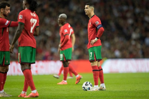 Football match, captain Cristiano RONALDO CR7 Portugal in front of the ball facing the goal in
