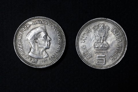 Coinage, India coinage, Jawaharlal Nehru centenary 1989 with five rupee coin