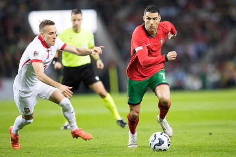 Football match, captain Cristiano RONALDO CR7 Portugal right very concentrated on the ball and