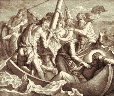 Jesus sleeps in boat during the storm, New Testament, by Julius Schnorr von Carolsfeld, 1860