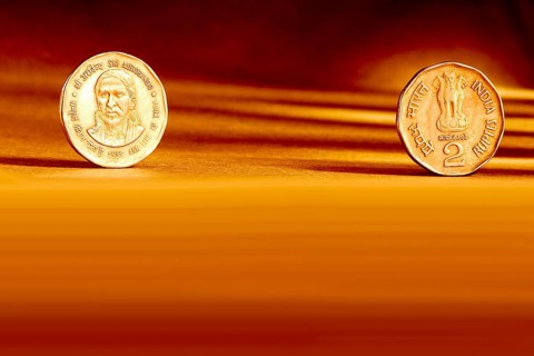 Double pair Indian currency two rupees coin front side and backside manner embossed Sri Aurbindo