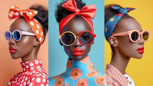 Three models wearing colorful sunglasses and hair bows amid a lively backdrop