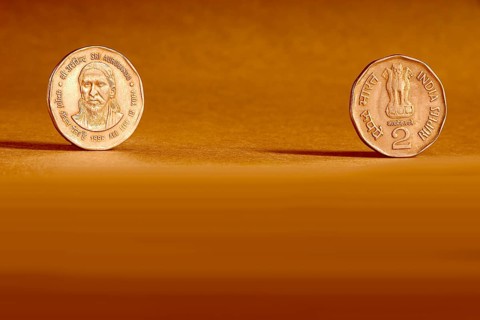 Double pair Indian currency two rupees coin front side and backside manner embossed Sri Aurbindo