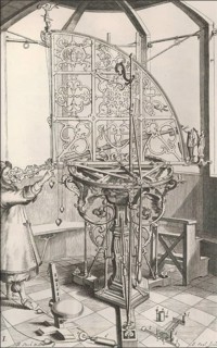 Observing the sky with a brass sextant, Machinae coelestis, 1673, Johannes Hevelius, Danzig