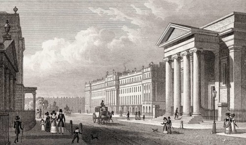 Belgrave chapel, and West side of Belgrave Square, London, illustration by Th. H. Shepherd, 1828