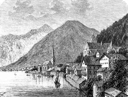 Townscape of Hallstatt in 19th century, Salzkammergut, archaeology of the Early Stone Age or