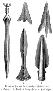 Bronze weapons from prehistoric Swiss pile dwellings, sword, dagger, spearhead, arrowhead, history