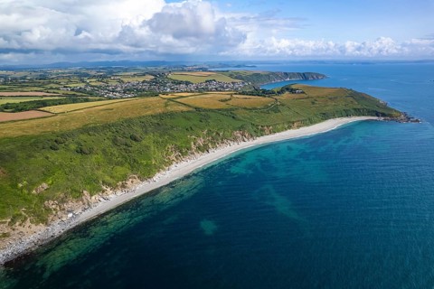 Vault Beach and St Goran seen from the air, Saint Austell, Cornwall, England, United Kingdom,