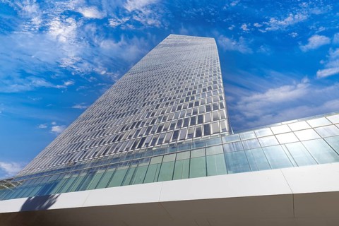 Israel, Tel Aviv financial business district skyline with shopping malls and high tech offices.,
