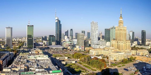 Warsaw skyline skyscrapers with Palace of Culture in the city centre panorama in Warsaw, Poland,