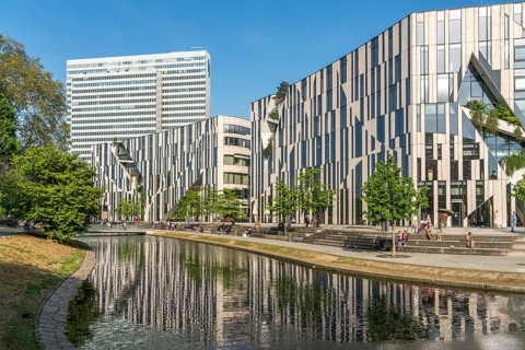 Modern architecture of the Kö-Bogen and Dreischeibenhaus building complex, state capital