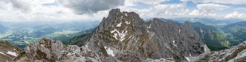 Panorama, view from the summit of the Maukspitze, view of rugged, rocky mountain landscape,