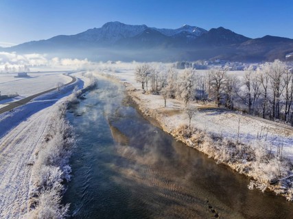 River, morning light, fog, hoarfrost, mountains, winter, snow, aerial view, Loisach, view of