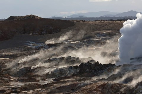 Steam evaporating of the ground at Gunnuhver, close to Reykjanes lighthouse. Gunnuhver is the heart