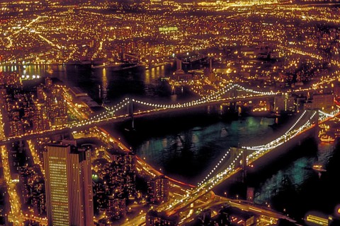 View from the former World Trade Center at night onto Brooklyn, East River, Brooklyn Bridge and