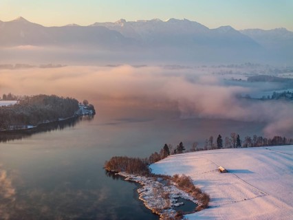 Morning light, winter, snow, fog, lake, mountain landscape, aerial view, sunny, Riegsee, behind it