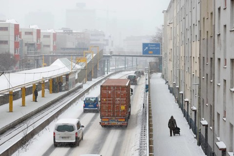 Essen, North Rhine-Westphalia, Germany - Onset of winter in the Ruhr region, few cars and lorries