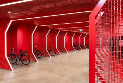 Underground car park for bicycles, redesigned Potsdamer Platz station, Sony Center, Berlin,