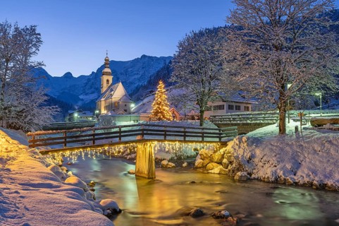 Christmas parish church of St Sebastian, winter, snow, fairy lights, blue hour, Ramsau, Ramsau near
