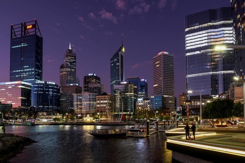 Skyline at Elisabeth Quay, blue hour, blue hour, harbour, Perth, State of Western Australia,
