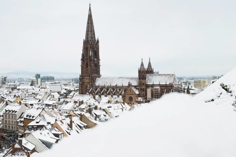 Panorama with snow-covered houses, old town and Freiburg Minster, Freiburg im Breisgau, Black