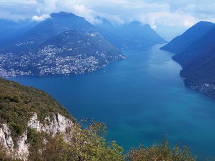 View of Lake Lugano from Monte San Salvatore, Lugano, Canton Ticino, Switzerland, Europe