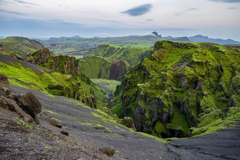 Canyon, Moss-covered volcanic mountain landscape, Pakgil, Iceland, Europe