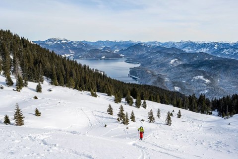 Ski tourers climbing Simetsberg, view of Walchensee, Estergebirge, Bavarian Prealps, Bavaria