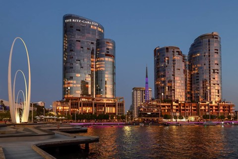 Skyline at Elisabeth Quay, blue hour, harbour, Perth, State of Western Australia, Australia,
