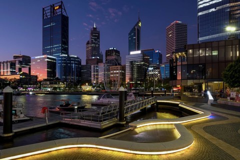 Skyline at Elisabeth Quay, blue hour, blue hour, harbour, Perth, State of Western Australia,