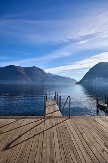 Jetty, wooden planks, stainless steel railing, frog perspective, lake, jetty, mountain landscape,