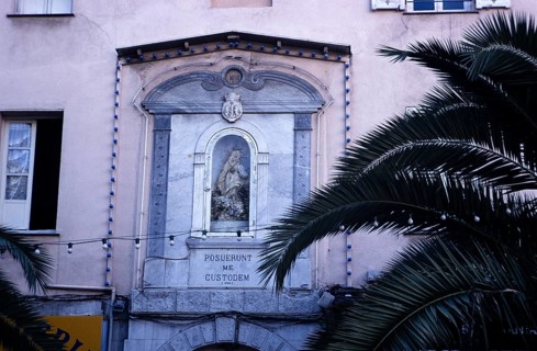 Exterior view of the imperial chapel, Ajaccio, Corsica, France in 1998 Posuerunt me Custodem Latin