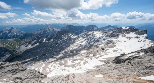 Zugspitzplatt with snow remains, mountain panorama from the summit of the Zugspitze, Wetterstein