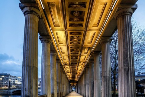 Illuminated arcade at the old National Gallery, Berlin, 02.01.2025 Germany