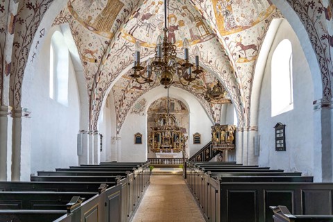 Interior with religious frescoes by the Elmelunde Master in the church of Elmelunde, Mön Island,