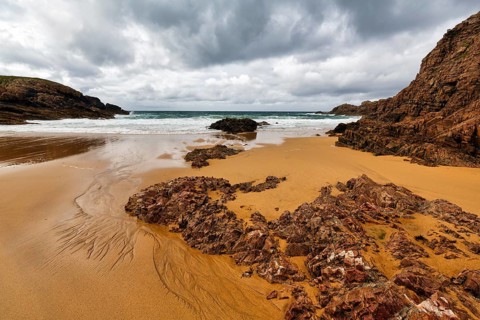 Cliff on sandy beach, bay, Boyeeght Beach, Murder Hole Beach, rain clouds, Sheephaven Bay, Rosguill