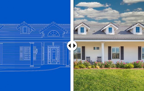 Before and after slider comparing blueprint sketch drawing plans and completed custom house
