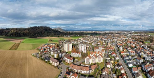 Aerial view, panorama of the municipality of Rielasingen, on the left the Rosenegg, behind it the