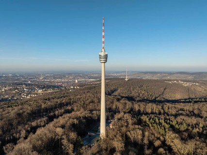 Aerial view of the 216.6 metre high Stuttgart television tower, observation tower, restaurant,
