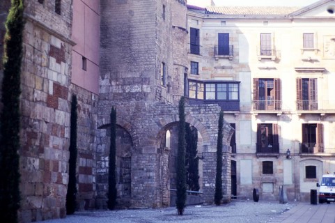 Remains of section of Roman wall in city of Barcelona, Catalonia, Spain, Europe