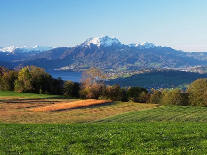 View from Zugerberg to Lake Lucerne, Pilatus in the background, Canton Zug, Switzerland, Europe