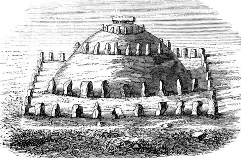 Danish tumulus with stone circles called cromlech, square and round arrangement, capstone,