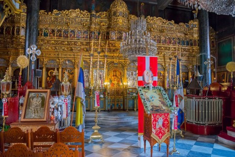 Iconostasis in an Orthodox church with rich gold decoration and religious symbols, Panaghia Church,