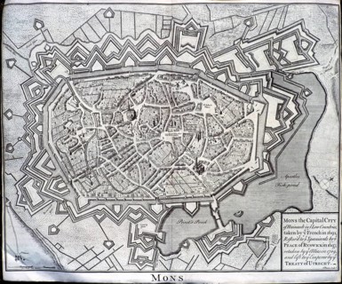 Historic 18th century engraving map of city of Mons, capital of Hainault, Low Countries, Belgium,