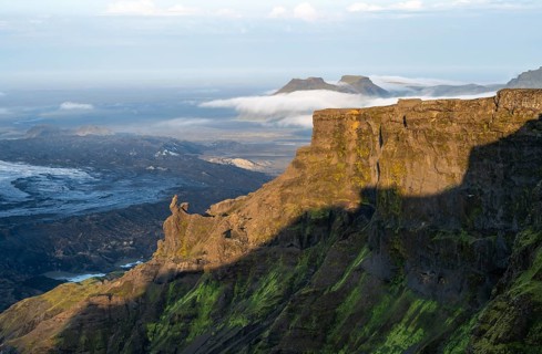 Cliff in the evening light, Impressive landscape with mountains and glaciers, Huldujökull and