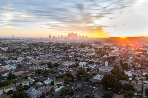 Los Angeles skyline aerial view downtown at sunset in California in Los Angeles, USA, North America