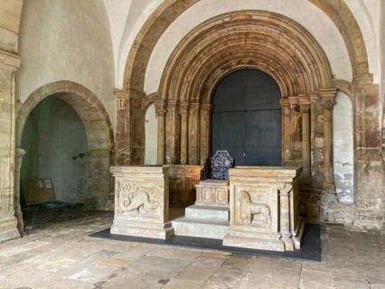 Copy of historical imperial chair from the 11th century on display in the vestibule of the former