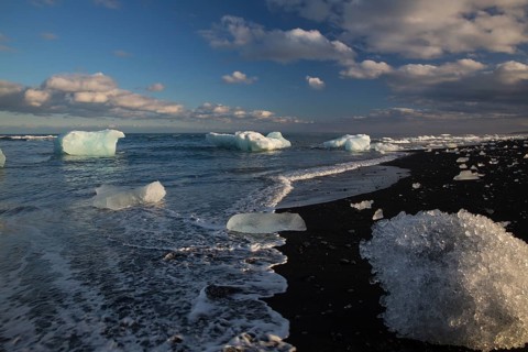 Little icebergs and crushed ice on the black beach at Joekulsarlon glacial lake